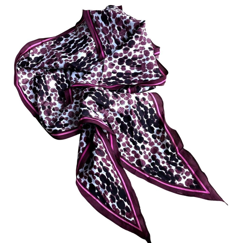 Vintage silk scarf berry pink animal print long rectangle pointy ends neck tie